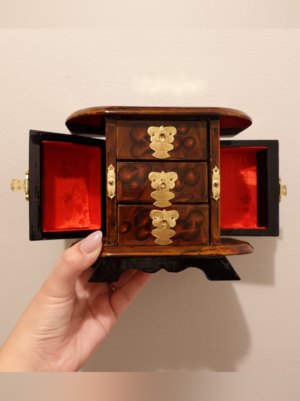 Wooden Jewelry Box with Red Lined Interior and Brass Accents